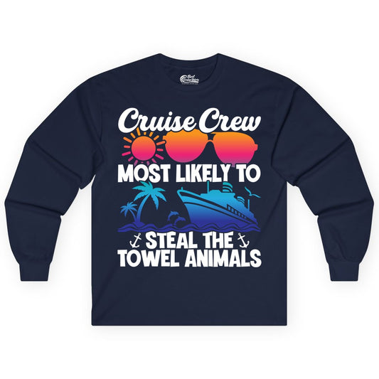 Cruise Crew Shirt - Funny Towel Animal Cruise Group Apparel (Long Sleeve) in Navy - Cruise Crew Most Likely to Steal the Towel Animals Shirt