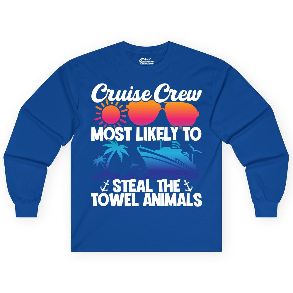 Cruise Crew Shirt - Funny Towel Animal Cruise Group Apparel (Long Sleeve) in Royal - Cruise Crew Most Likely to Steal the Towel Animals Shirt