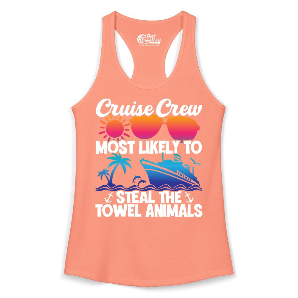 Cruise Crew Shirt - Funny Towel Animal Cruise Group Apparel (Ladies Tank) in Solid Light Orange - Cruise Crew Most Likely to Steal the Towel Animals Shirt