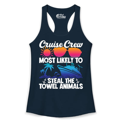 Cruise Crew Shirt - Funny Towel Animal Cruise Group Apparel (Ladies Tank) in Solid Midnight Navy - Cruise Crew Most Likely to Steal the Towel Animals Shirt