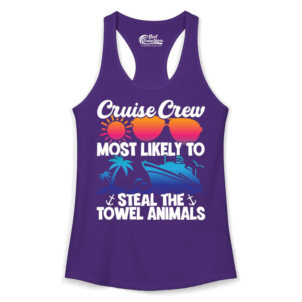 Cruise Crew Shirt - Funny Towel Animal Cruise Group Apparel (Ladies Tank) in Solid Purple Rush - Cruise Crew Most Likely to Steal the Towel Animals Shirt