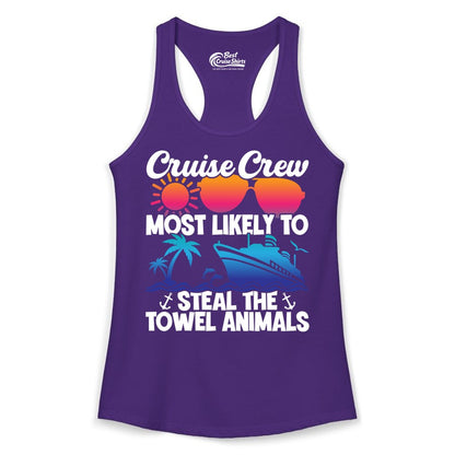 Cruise Crew Shirt - Funny Towel Animal Cruise Group Apparel (Ladies Tank) in Solid Purple Rush - Cruise Crew Most Likely to Steal the Towel Animals Shirt