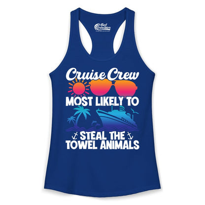 Cruise Crew Shirt - Funny Towel Animal Cruise Group Apparel (Ladies Tank) in Solid Royal - Cruise Crew Most Likely to Steal the Towel Animals Shirt