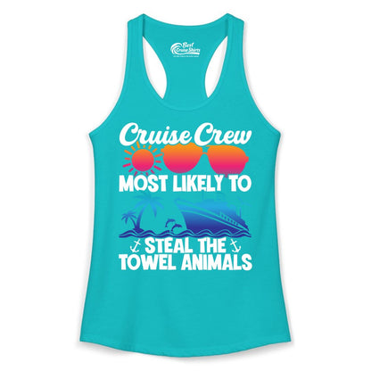Cruise Crew Shirt - Funny Towel Animal Cruise Group Apparel (Ladies Tank) in Tahiti Blue - Cruise Crew Most Likely to Steal the Towel Animals Shirt