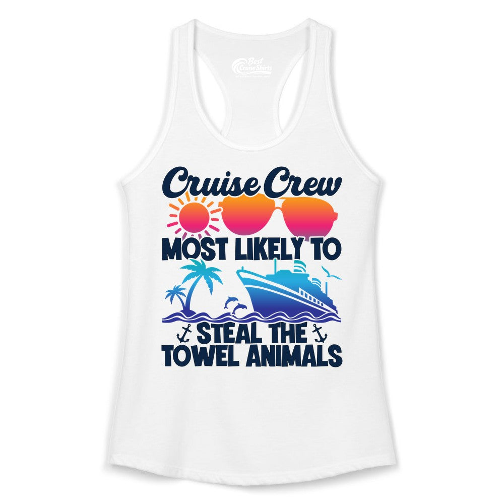 Cruise Crew Shirt - Funny Towel Animal Cruise Group Apparel (Ladies Tank) in White - Cruise Crew Most Likely to Steal the Towel Animals Shirt