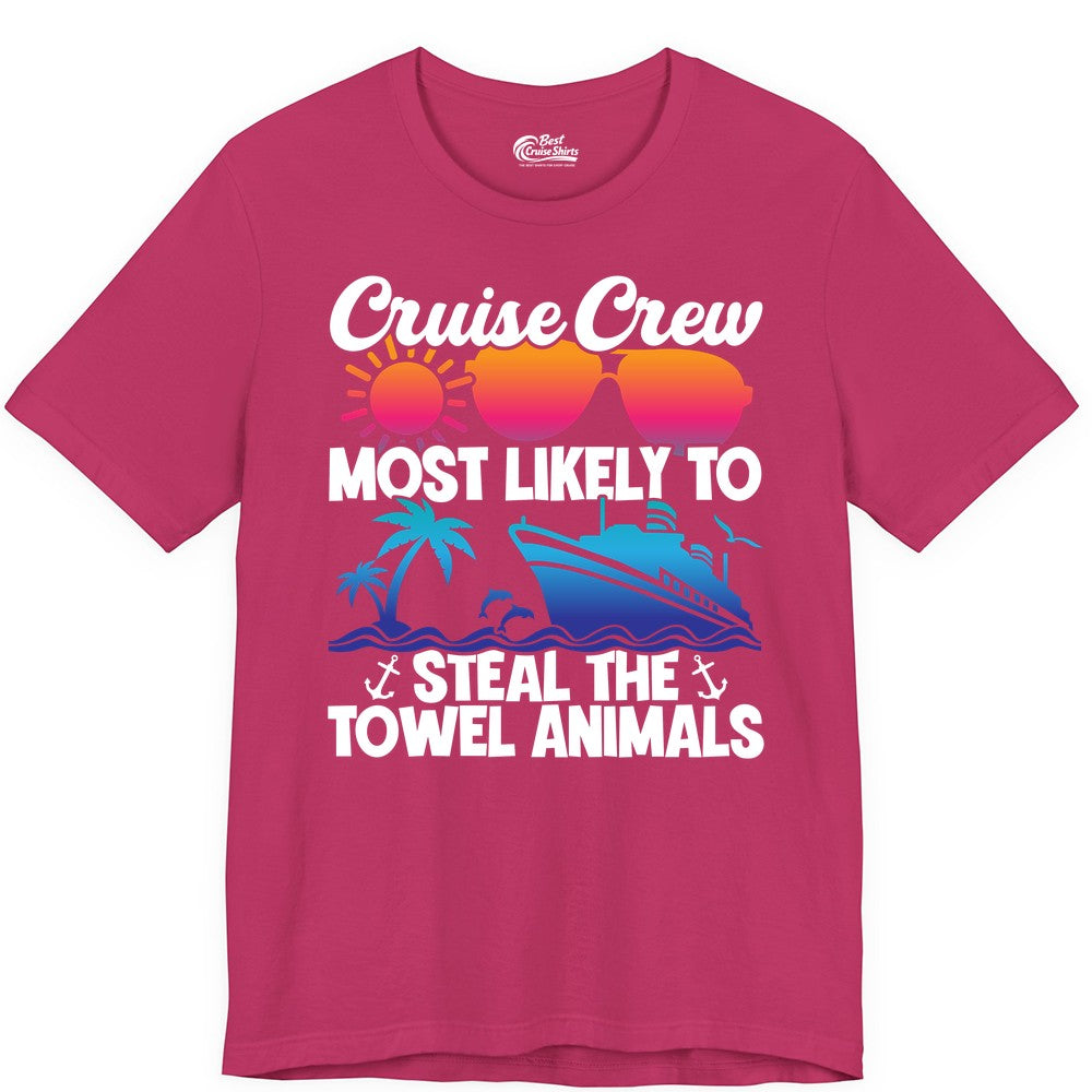 Cruise Crew Shirt - Funny Towel Animal Cruise Group Apparel (Premium Tee) in Berry - Cruise Crew Most Likely to Steal the Towel Animals Shirt