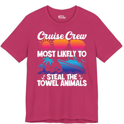 Cruise Crew Shirt - Funny Towel Animal Cruise Group Apparel (Premium Tee) in Berry - Cruise Crew Most Likely to Steal the Towel Animals Shirt