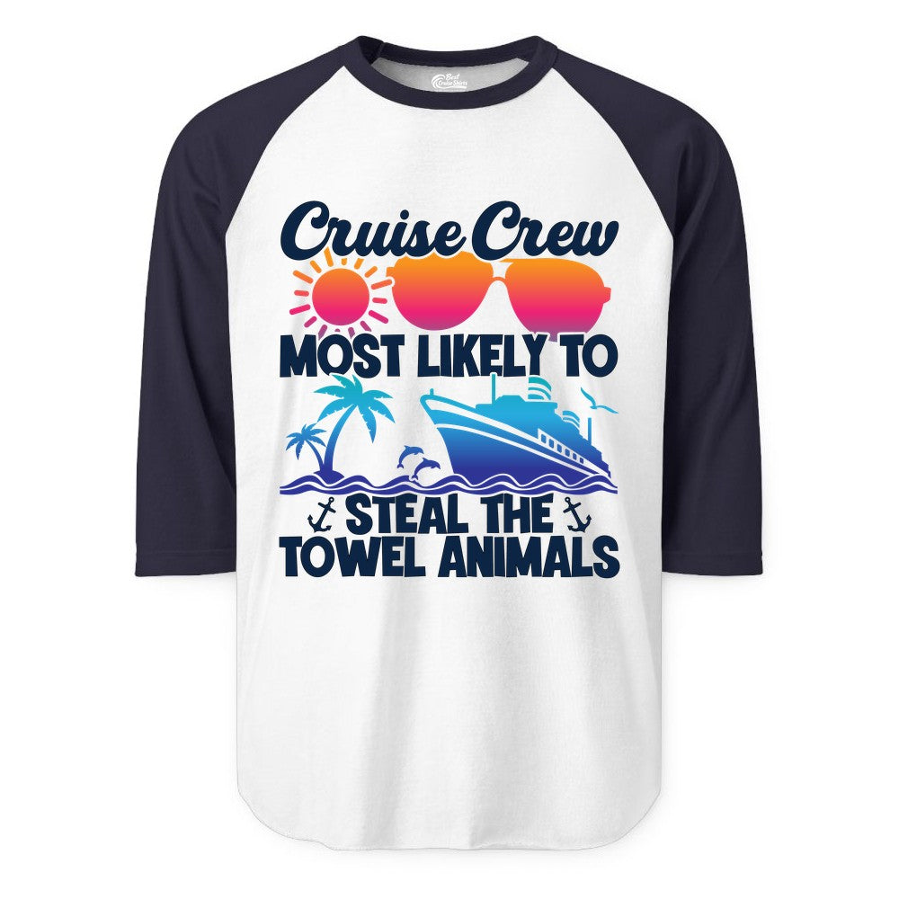 Cruise Crew Shirt - Funny Towel Animal Cruise Group Apparel (Raglan) in WhiteNavy - Cruise Crew Most Likely to Steal the Towel Animals Shirt