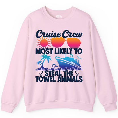 Cruise Crew Shirt - Funny Towel Animal Cruise Group Apparel (Sweatshirt) in Light Pink - Cruise Crew Most Likely to Steal the Towel Animals Shirt