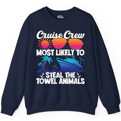Cruise Crew Shirt - Funny Towel Animal Cruise Group Apparel (Sweatshirt) in Navy - Cruise Crew Most Likely to Steal the Towel Animals Shirt