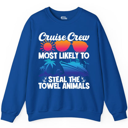Cruise Crew Shirt - Funny Towel Animal Cruise Group Apparel (Sweatshirt) in Royal - Cruise Crew Most Likely to Steal the Towel Animals Shirt