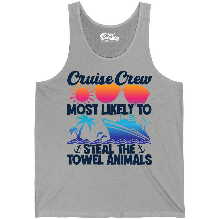 Cruise Crew Shirt - Funny Towel Animal Cruise Group Apparel (Tank Top) in Athletic Heather - Cruise Crew Most Likely to Steal the Towel Animals Shirt