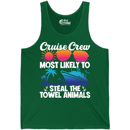 Cruise Crew Shirt - Funny Towel Animal Cruise Group Apparel (Tank Top) in Kelly - Cruise Crew Most Likely to Steal the Towel Animals Shirt