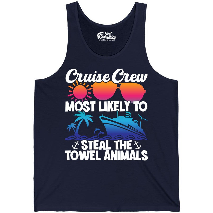 Cruise Crew Shirt - Funny Towel Animal Cruise Group Apparel (Tank Top) in Navy - Cruise Crew Most Likely to Steal the Towel Animals Shirt
