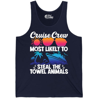 Cruise Crew Shirt - Funny Towel Animal Cruise Group Apparel (Tank Top) in Navy - Cruise Crew Most Likely to Steal the Towel Animals Shirt
