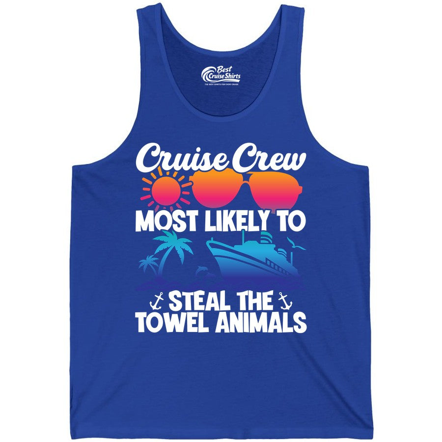 Cruise Crew Shirt - Funny Towel Animal Cruise Group Apparel (Tank Top) in True Royal - Cruise Crew Most Likely to Steal the Towel Animals Shirt