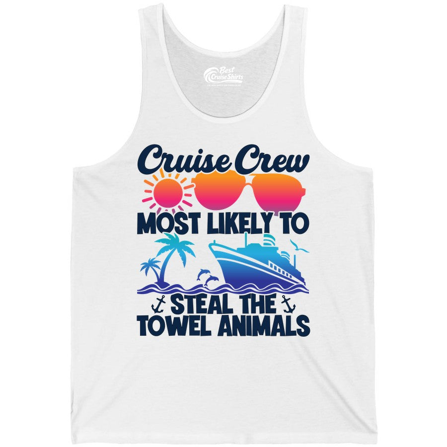 Cruise Crew Shirt - Funny Towel Animal Cruise Group Apparel (Tank Top) in White - Cruise Crew Most Likely to Steal the Towel Animals Shirt