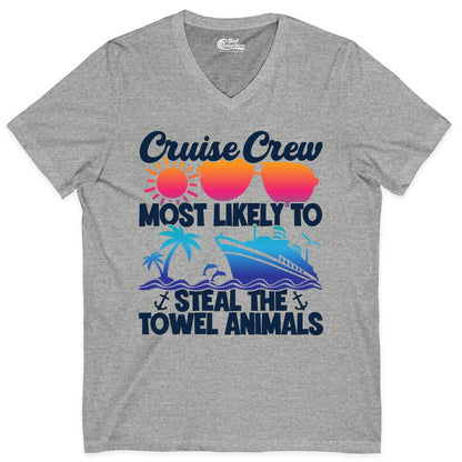 Cruise Crew Shirt - Funny Towel Animal Cruise Group Apparel (V-Neck) in Athletic Heather - Cruise Crew Most Likely to Steal the Towel Animals Shirt