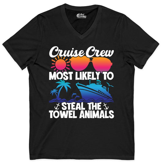 Cruise Crew Shirt - Funny Towel Animal Cruise Group Apparel (V-Neck) in Black - Cruise Crew Most Likely to Steal the Towel Animals Shirt