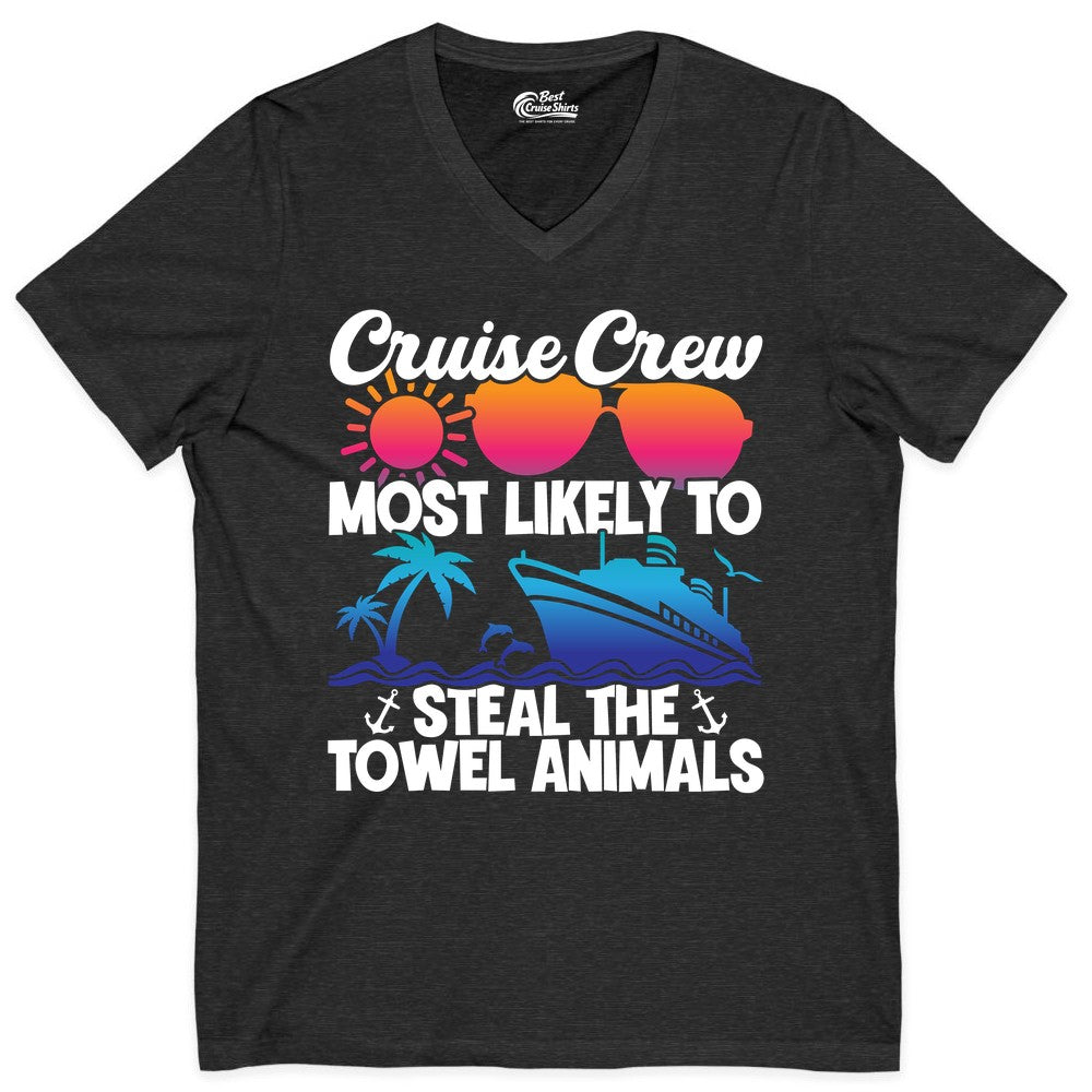 Cruise Crew Shirt - Funny Towel Animal Cruise Group Apparel (V-Neck) in Dark Grey Heather - Cruise Crew Most Likely to Steal the Towel Animals Shirt
