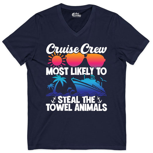 Cruise Crew Shirt - Funny Towel Animal Cruise Group Apparel (V-Neck) in Navy - Cruise Crew Most Likely to Steal the Towel Animals Shirt