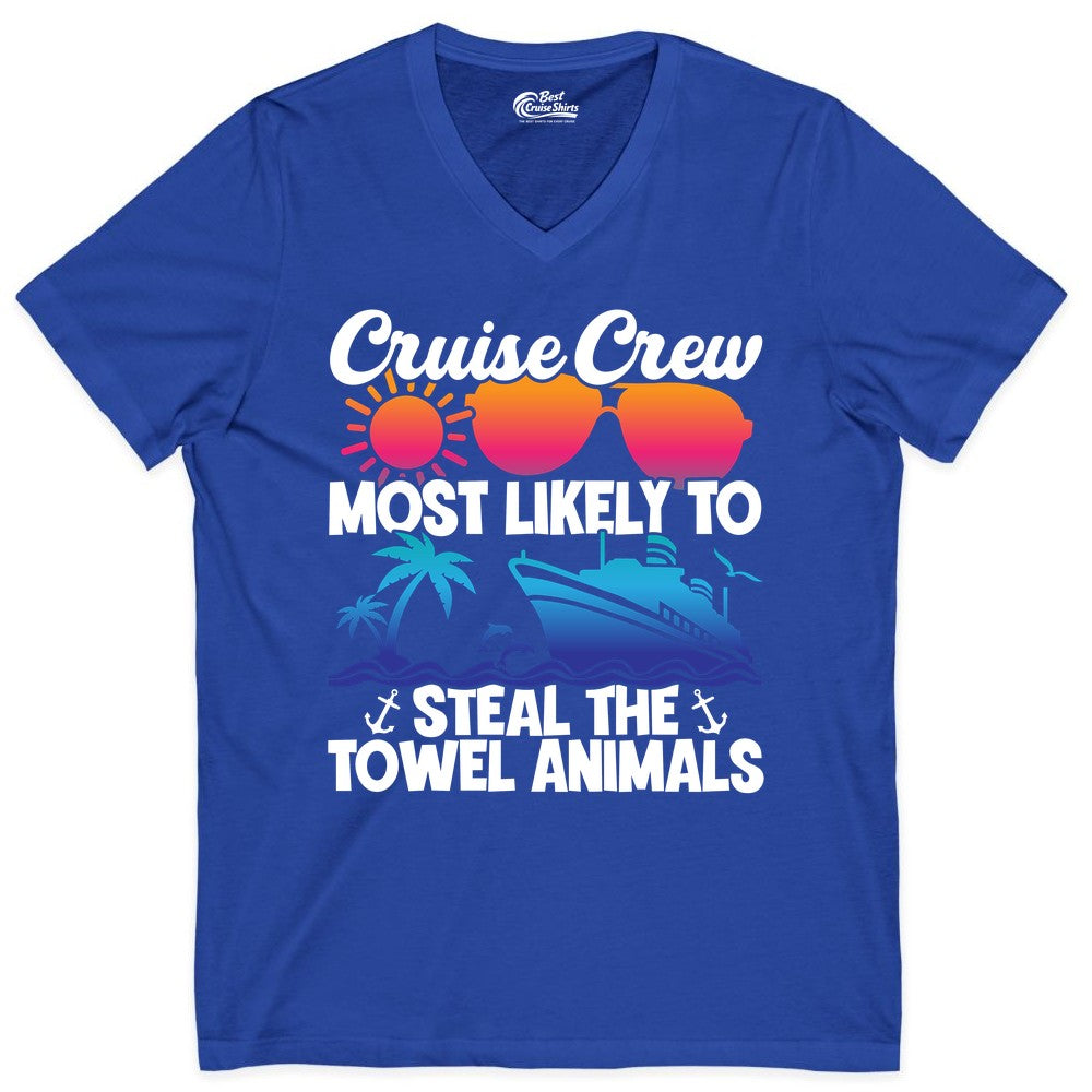 Cruise Crew Shirt - Funny Towel Animal Cruise Group Apparel (V-Neck) in True Royal - Cruise Crew Most Likely to Steal the Towel Animals Shirt