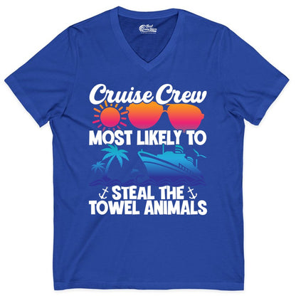 Cruise Crew Shirt - Funny Towel Animal Cruise Group Apparel (V-Neck) in True Royal - Cruise Crew Most Likely to Steal the Towel Animals Shirt