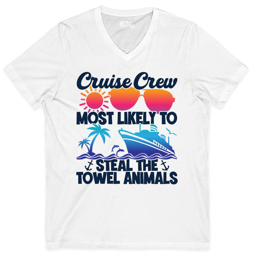 Cruise Crew Shirt - Funny Towel Animal Cruise Group Apparel (V-Neck) in White - Cruise Crew Most Likely to Steal the Towel Animals Shirt