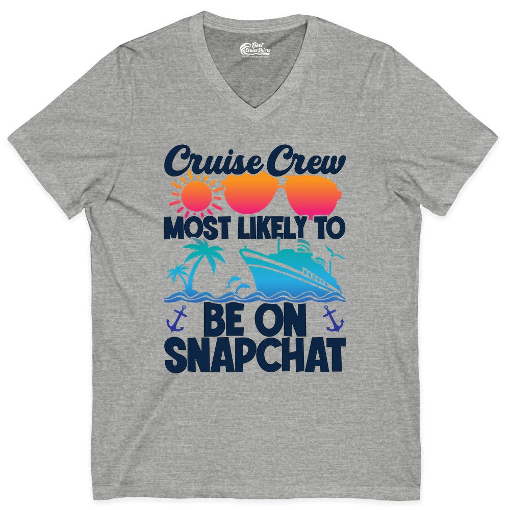 Cruise Crew Shirt - Funny Cruise Vacation Apparel for Snapchat Fans (V-Neck) in Athletic Heather - Cruise Crew Most Likely to Be on Snapchat Colorful Cruise Shirt