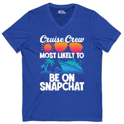Cruise Crew Shirt - Funny Cruise Vacation Apparel for Snapchat Fans (V-Neck) in True Royal - Cruise Crew Most Likely to Be on Snapchat Colorful Cruise Shirt