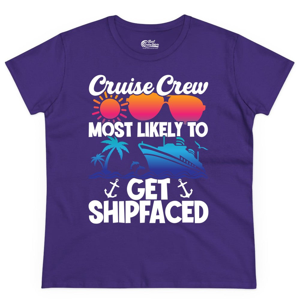 Cruise Crew Shirt - Funny Cruise Party Apparel for Group Vacations (Ladies Tee) in Purple - Cruise Crew Most Likely To Get Shipfaced Funny Party Shirt