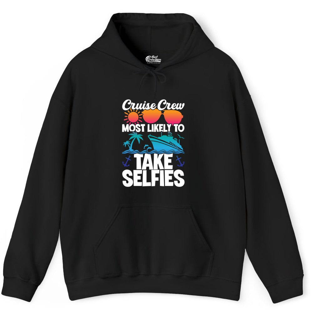 Cruise Crew Shirt - Funny Group Cruise Apparel for Vacation Selfies (Hoodie) in Black - Cruise Crew Most Likely To Take Selfies Tropical Group Shirt