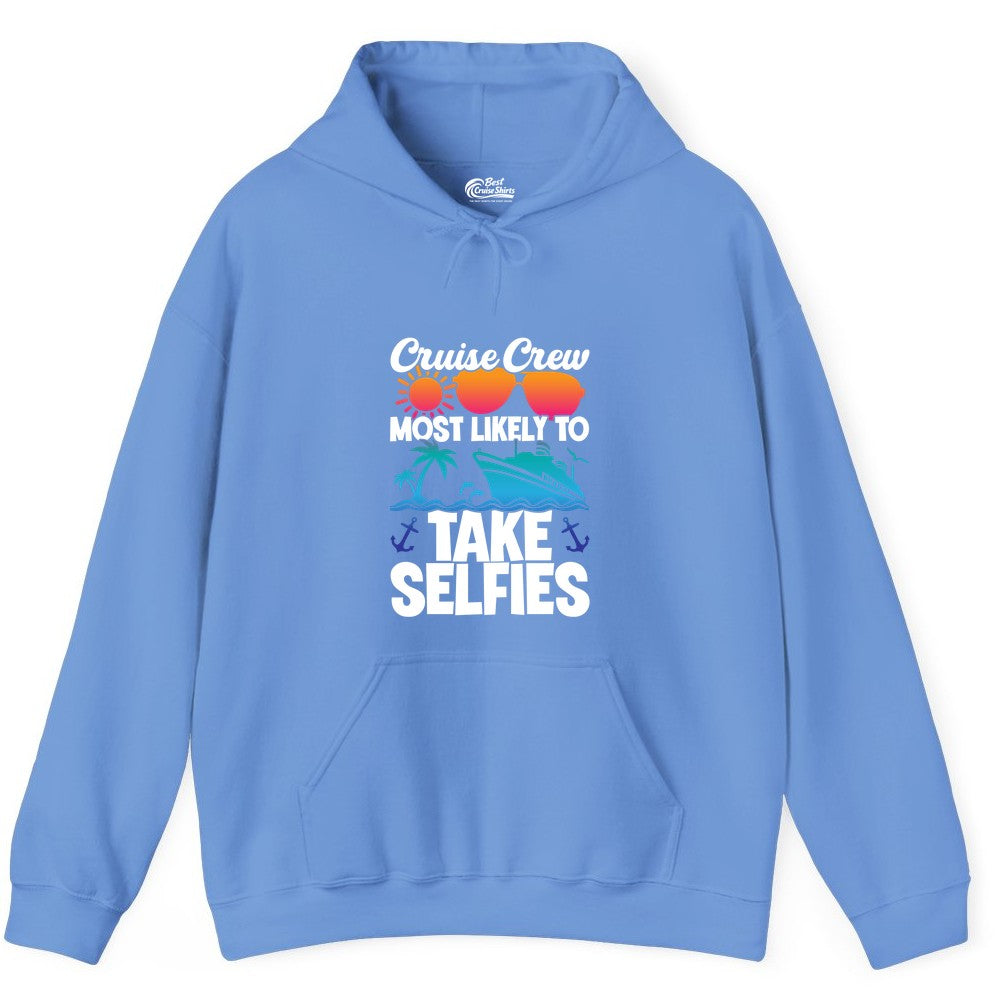 Cruise Crew Shirt - Funny Group Cruise Apparel for Vacation Selfies (Hoodie) in Carolina Blue - Cruise Crew Most Likely To Take Selfies Tropical Group Shirt