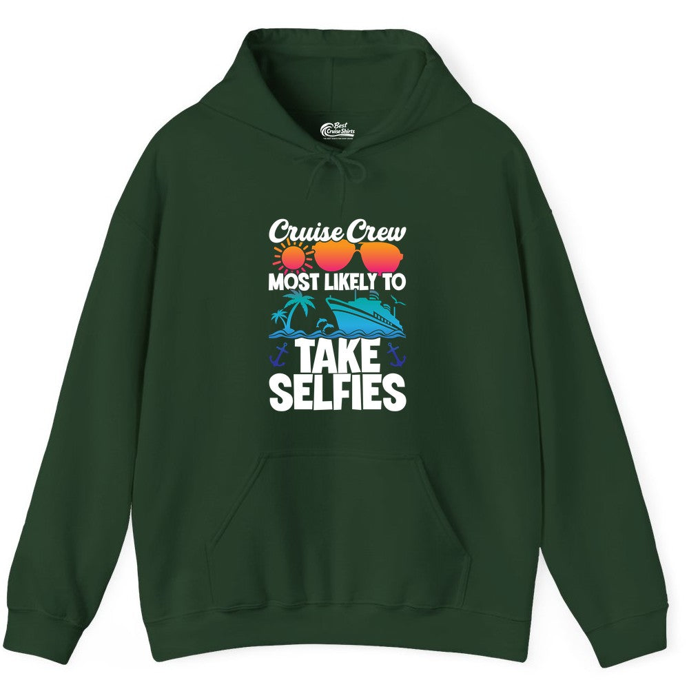 Cruise Crew Shirt - Funny Group Cruise Apparel for Vacation Selfies (Hoodie) in Forest Green - Cruise Crew Most Likely To Take Selfies Tropical Group Shirt