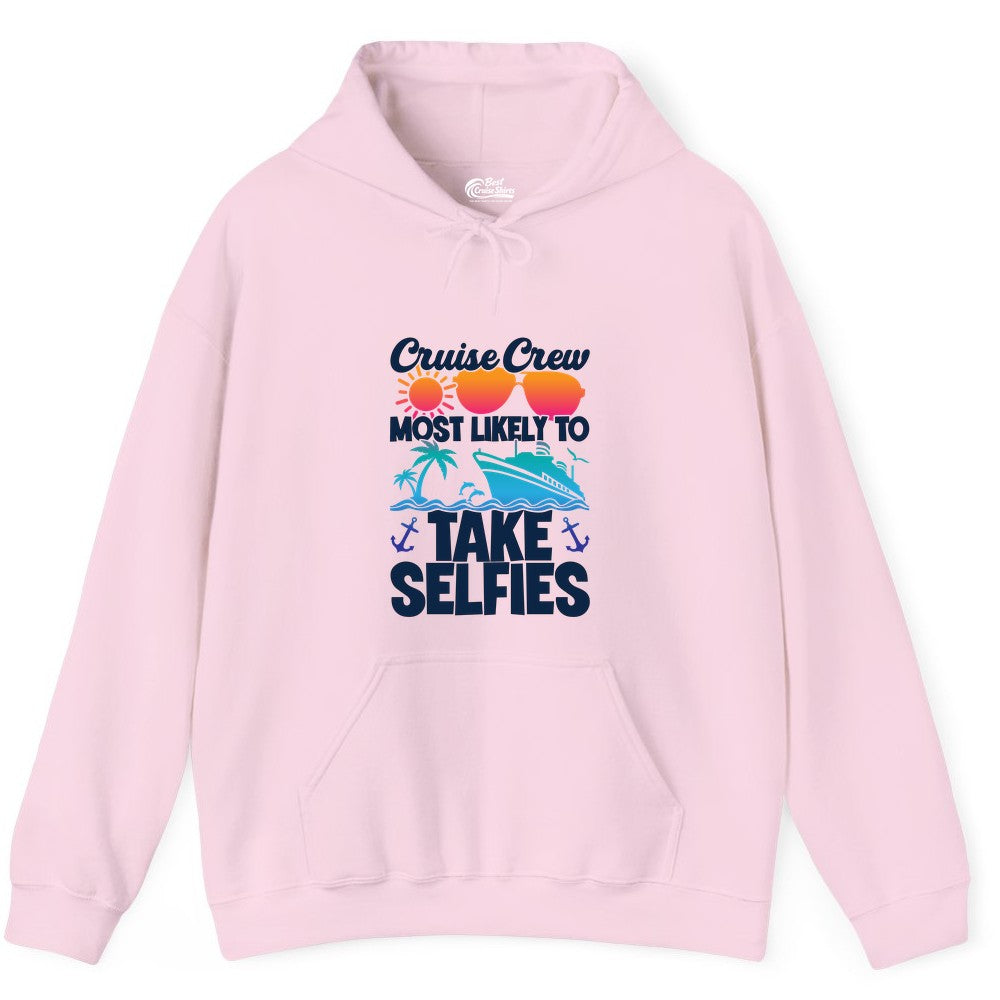 Cruise Crew Shirt - Funny Group Cruise Apparel for Vacation Selfies (Hoodie) in Light Pink - Cruise Crew Most Likely To Take Selfies Tropical Group Shirt