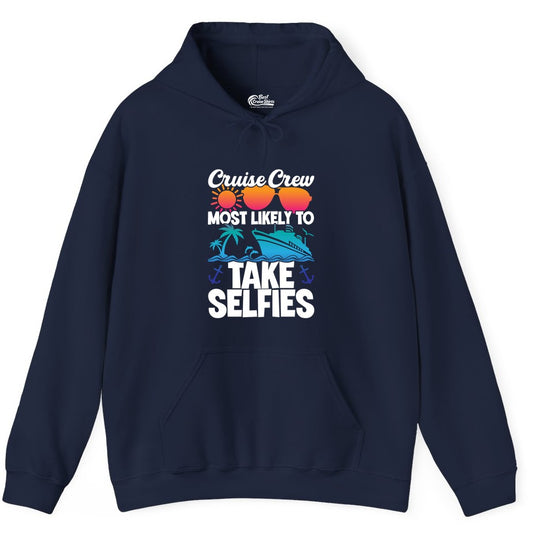 Cruise Crew Shirt - Funny Group Cruise Apparel for Vacation Selfies (Hoodie) in Navy - Cruise Crew Most Likely To Take Selfies Tropical Group Shirt