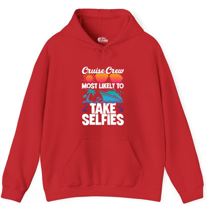 Cruise Crew Shirt - Funny Group Cruise Apparel for Vacation Selfies (Hoodie) in Red - Cruise Crew Most Likely To Take Selfies Tropical Group Shirt