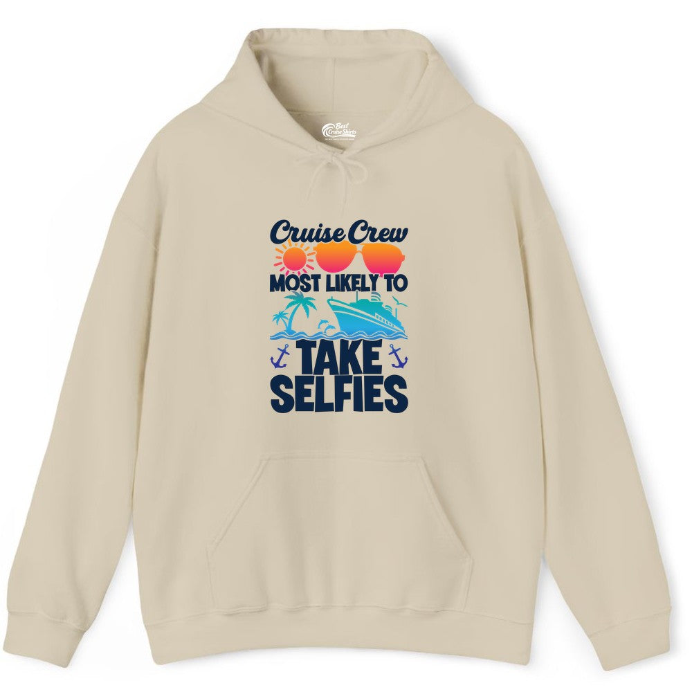 Cruise Crew Shirt - Funny Group Cruise Apparel for Vacation Selfies (Hoodie) in Sand - Cruise Crew Most Likely To Take Selfies Tropical Group Shirt