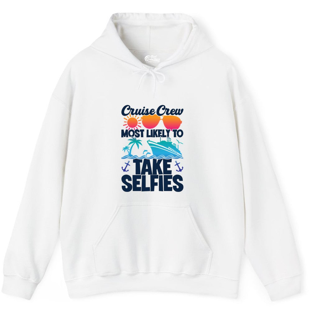 Cruise Crew Shirt - Funny Group Cruise Apparel for Vacation Selfies (Hoodie) in White - Cruise Crew Most Likely To Take Selfies Tropical Group Shirt