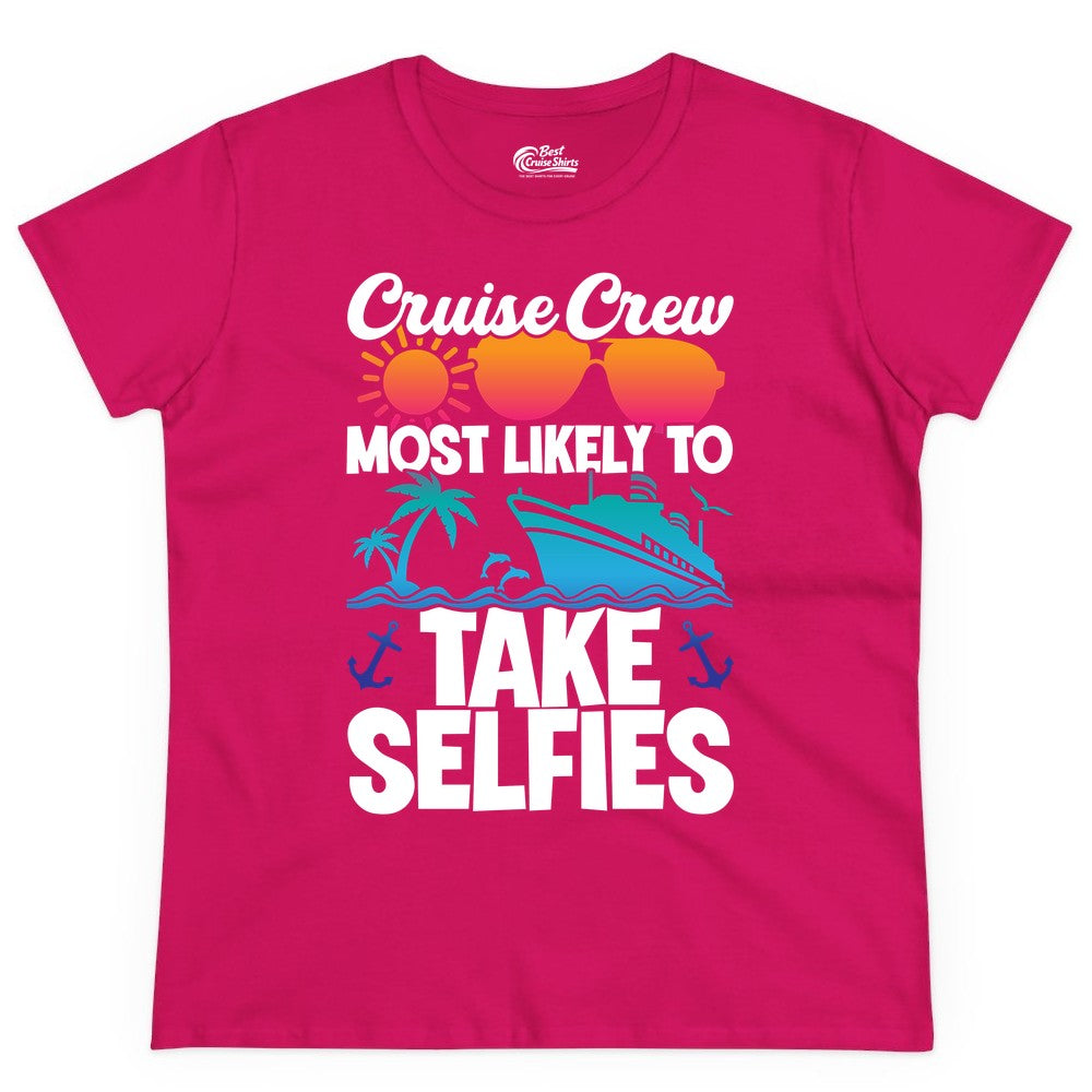 Cruise Crew Shirt - Funny Group Cruise Apparel for Vacation Selfies (Ladies Tee) in Heliconia - Cruise Crew Most Likely To Take Selfies Tropical Group Shirt