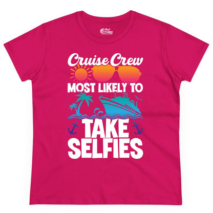 Cruise Crew Shirt - Funny Group Cruise Apparel for Vacation Selfies (Ladies Tee) in Heliconia - Cruise Crew Most Likely To Take Selfies Tropical Group Shirt