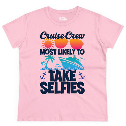Cruise Crew Shirt - Funny Group Cruise Apparel for Vacation Selfies (Ladies Tee) in Light Pink - Cruise Crew Most Likely To Take Selfies Tropical Group Shirt