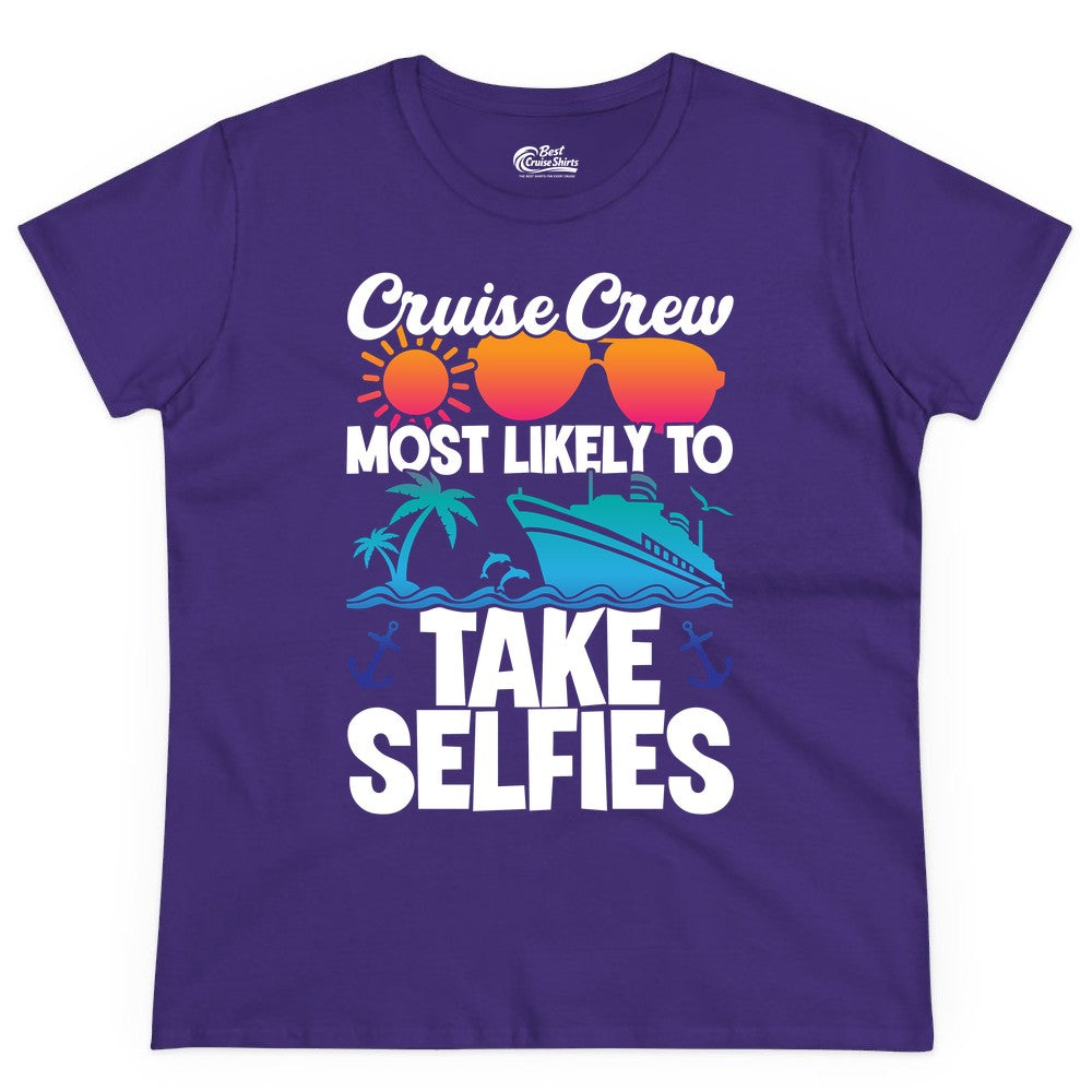 Cruise Crew Shirt - Funny Group Cruise Apparel for Vacation Selfies (Ladies Tee) in Purple - Cruise Crew Most Likely To Take Selfies Tropical Group Shirt