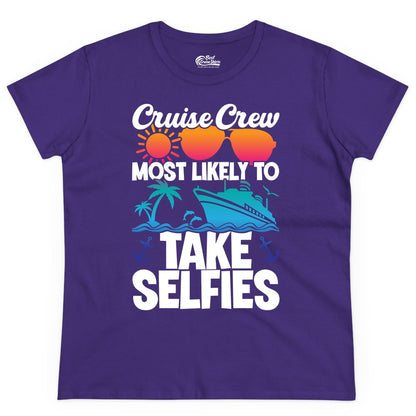 Cruise Crew Shirt - Funny Group Cruise Apparel for Vacation Selfies (Ladies Tee) in Purple - Cruise Crew Most Likely To Take Selfies Tropical Group Shirt