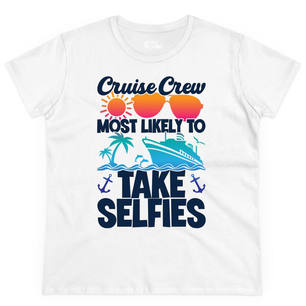 Cruise Crew Shirt - Funny Group Cruise Apparel for Vacation Selfies (Ladies Tee) in White - Cruise Crew Most Likely To Take Selfies Tropical Group Shirt