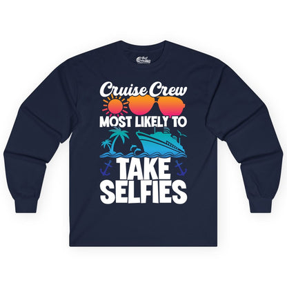 Cruise Crew Shirt - Funny Group Cruise Apparel for Vacation Selfies (Long Sleeve) in Navy - Cruise Crew Most Likely To Take Selfies Tropical Group Shirt