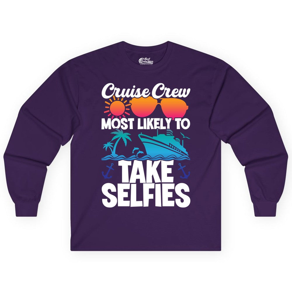 Cruise Crew Shirt - Funny Group Cruise Apparel for Vacation Selfies (Long Sleeve) in Purple - Cruise Crew Most Likely To Take Selfies Tropical Group Shirt