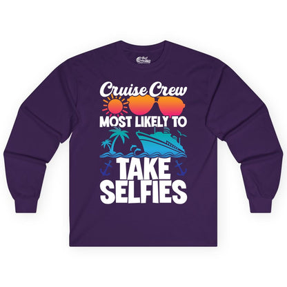 Cruise Crew Shirt - Funny Group Cruise Apparel for Vacation Selfies (Long Sleeve) in Purple - Cruise Crew Most Likely To Take Selfies Tropical Group Shirt