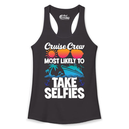 Cruise Crew Shirt - Funny Group Cruise Apparel for Vacation Selfies (Ladies Tank) in Black - Cruise Crew Most Likely To Take Selfies Tropical Group Shirt