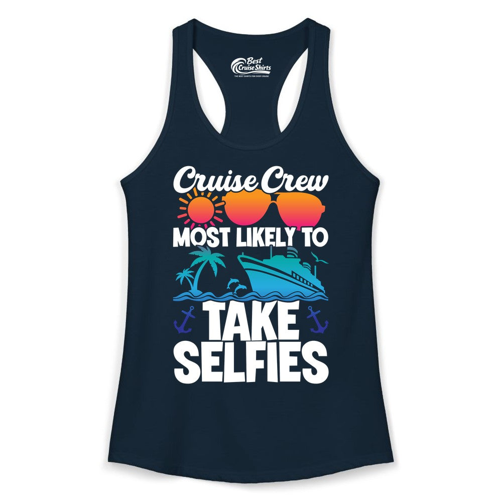 Cruise Crew Shirt - Funny Group Cruise Apparel for Vacation Selfies (Ladies Tank) in Solid Midnight Navy - Cruise Crew Most Likely To Take Selfies Tropical Group Shirt